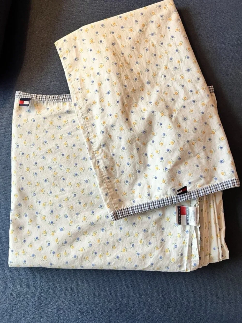 Tommy Hilfiger TWIN Sheet Set Pillowcase FLORAL Blue Yellow Gingham 100% Cotton